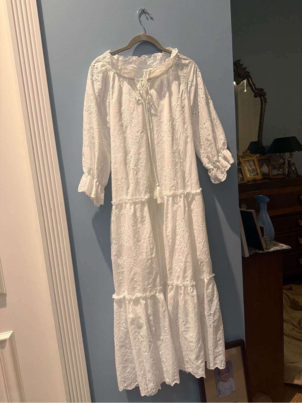 Women's White Eyelet Tiered Midi Dress with Ruffle Neckline